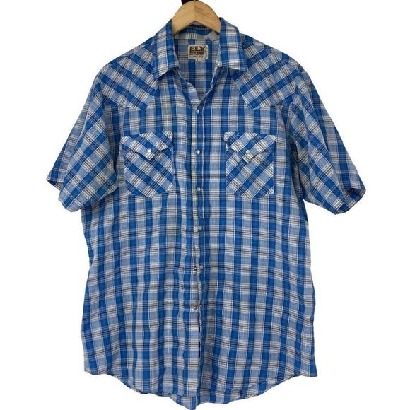 Ely Cattleman Mens Western Pearl Snap Shirt Metallic Blue Plaid Large 2999 SL - Picture 1 of 6